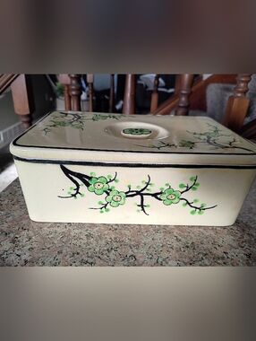 Moriyama 1920s Art Deco Enamel Storage Box, Green Cherry Blossom, Hand Painted